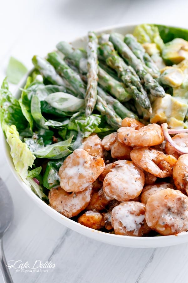 Blackened Shrimp Asparagus and Avocado Salad