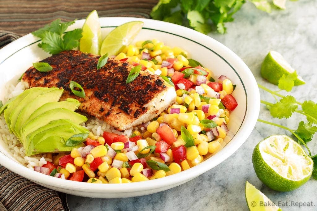 Blackened Fish Taco Bowls with Corn Salsa