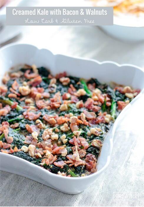 Low Carb Creamed Kale with Bacon and Walnuts
