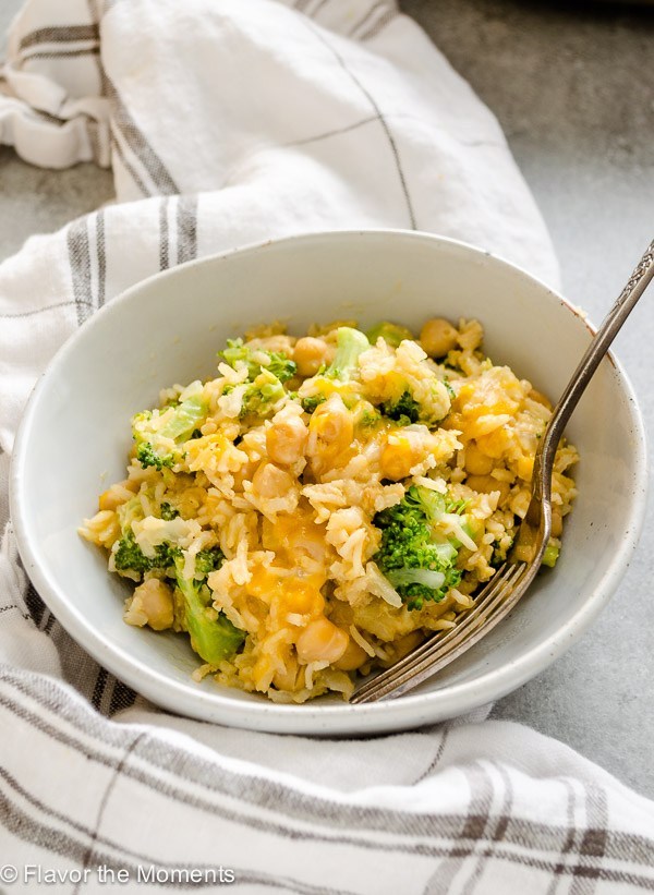 Cheesy Broccoli Chickpea Rice Casserole