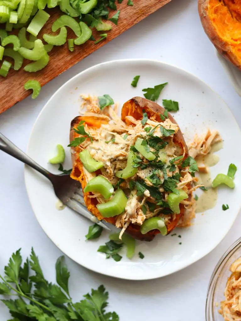 Buffalo Chicken Stuffed Sweet Potatoes