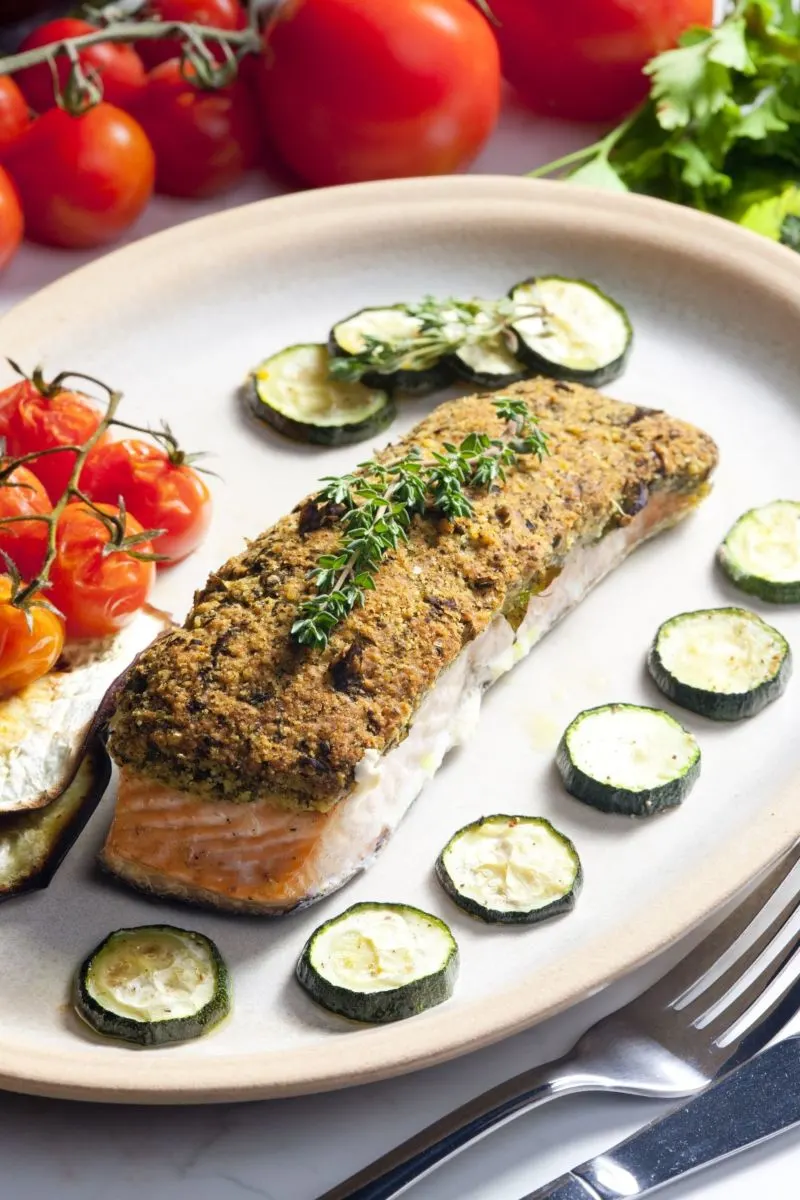 dish with salmon and zucchini