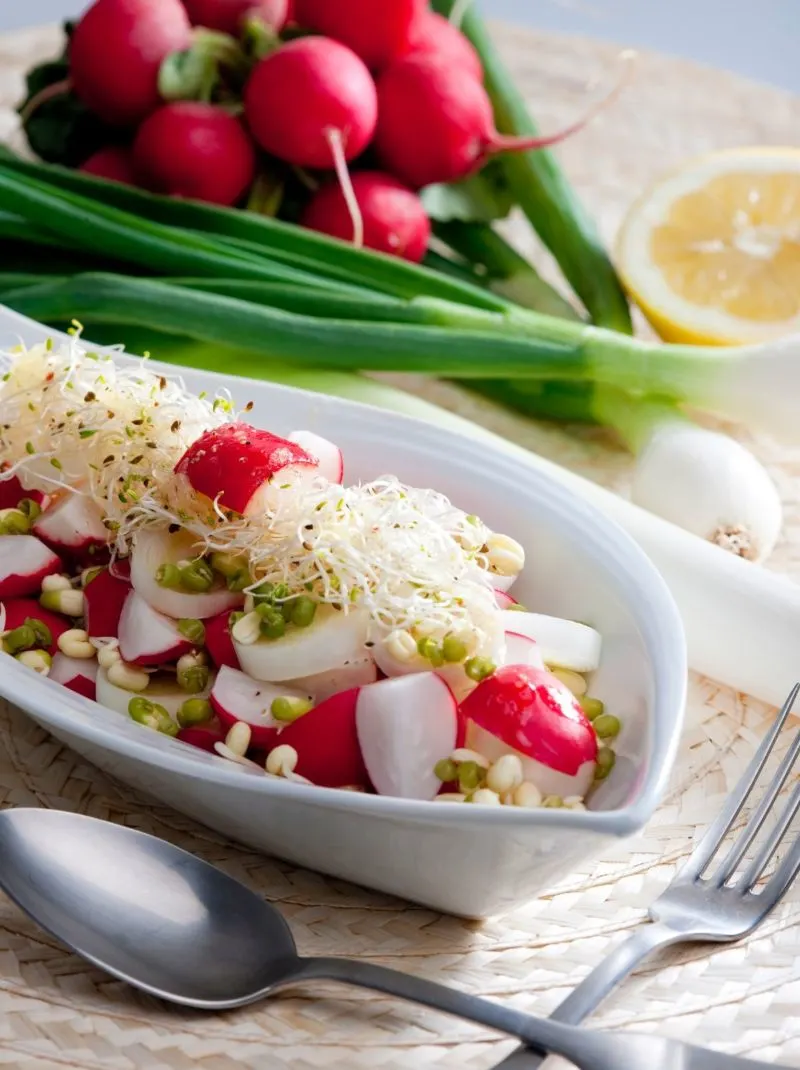 dish with radishes and sprouts