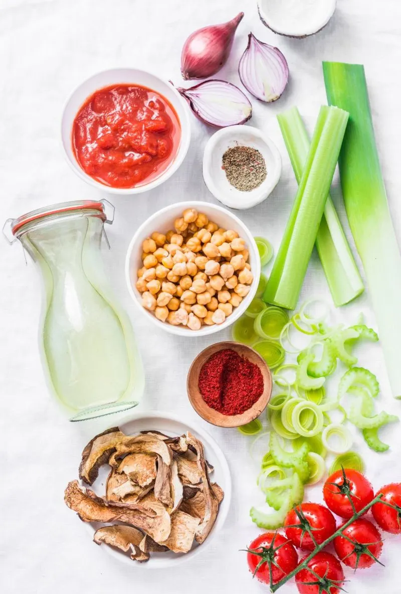 chickpeas, celery, tomatoes, and spices