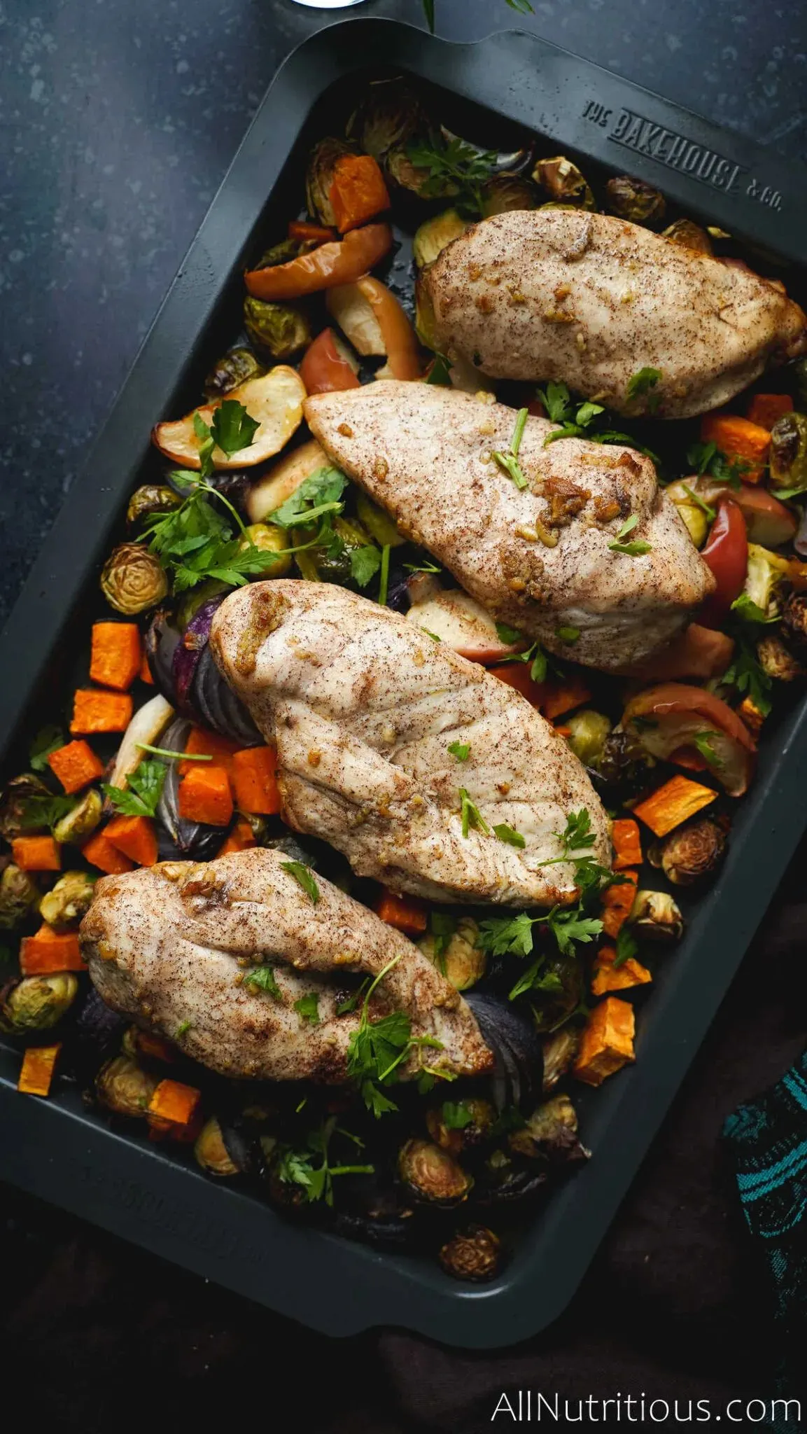 Sheet Pan Chicken with Sweet Potatoes, Apples, and Brussels Sprouts