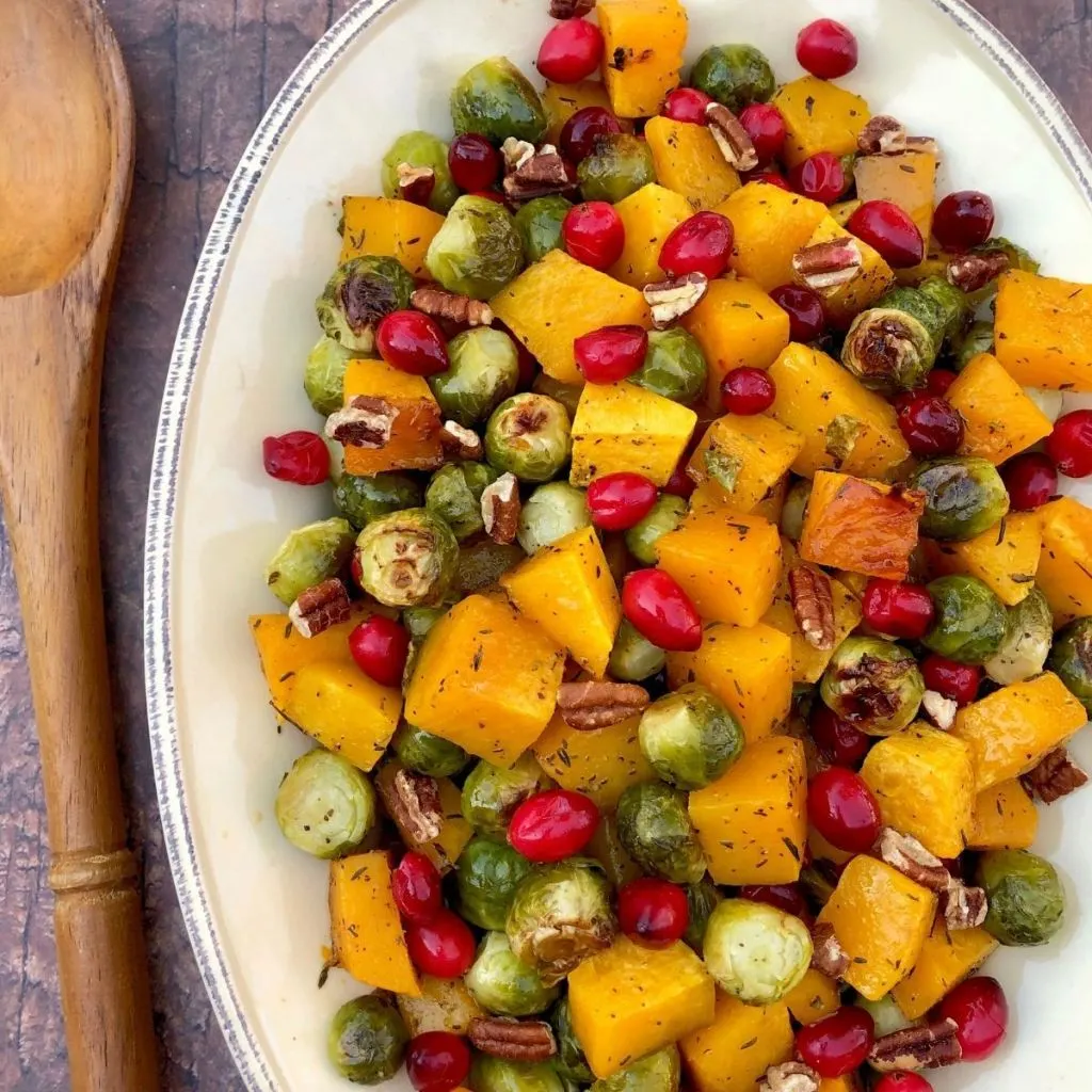 Maple Roasted Butternut Squash & Brussels Sprouts with Cranberries & Pecans
