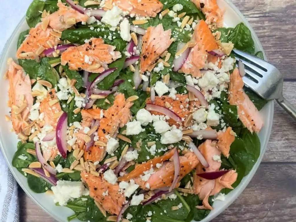 salmon salad with feta and spinach