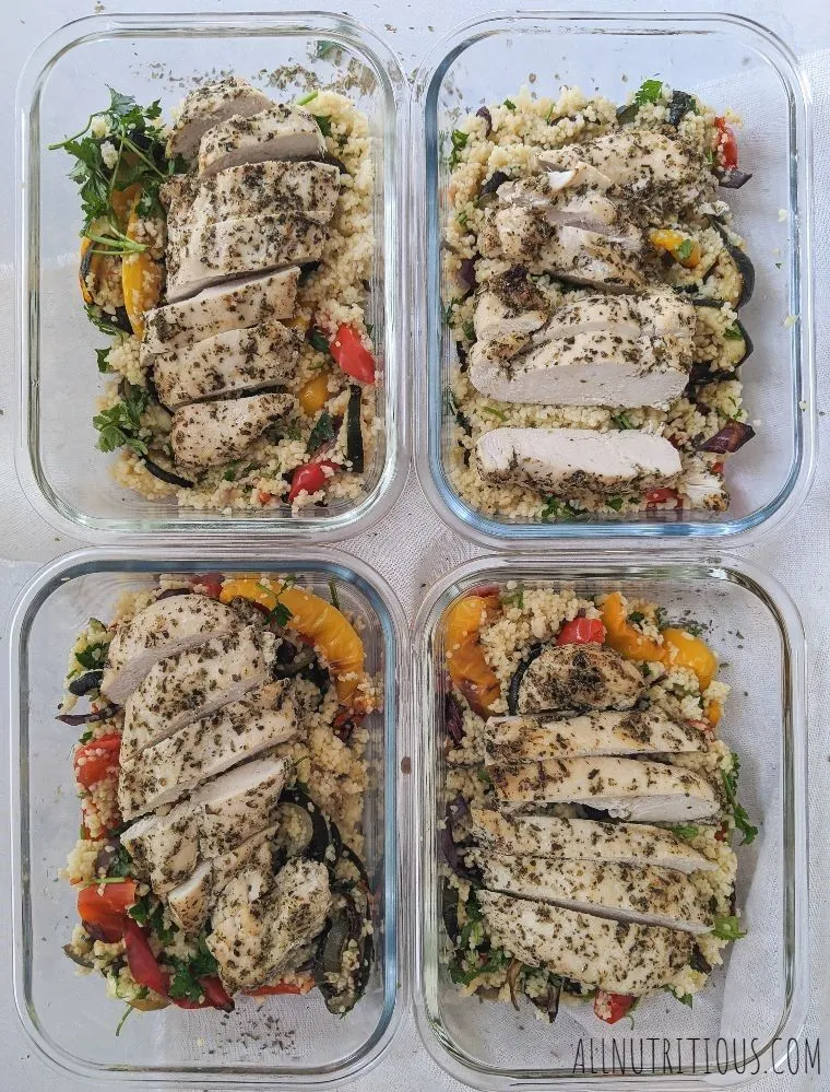 baked herb chicken breast and couscous meal prep