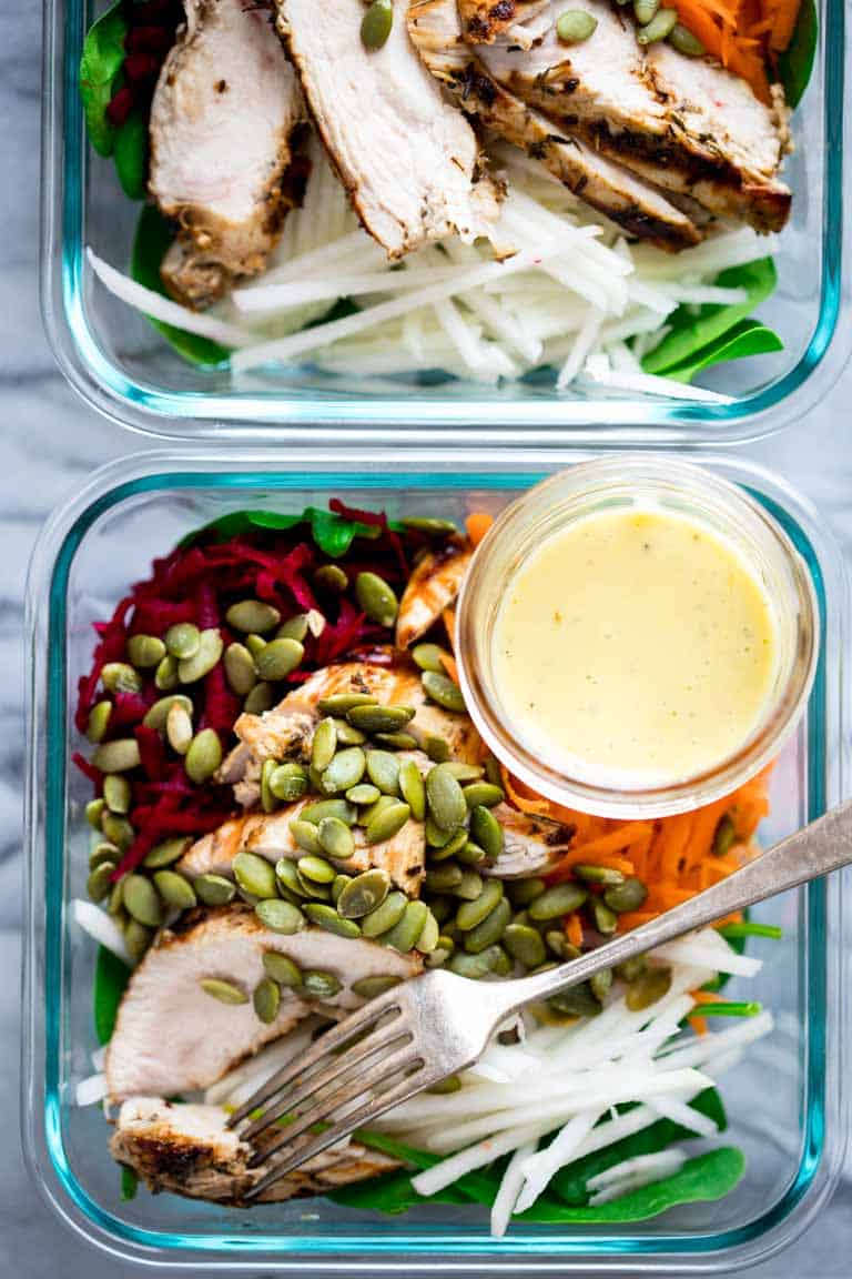 meal prep spinach beet and chicken power salads