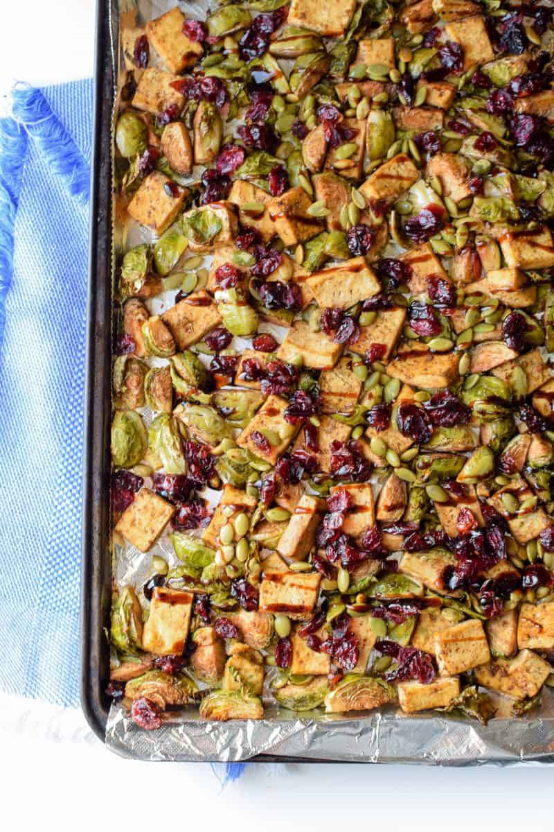 garlic tofu and brussel sprouts