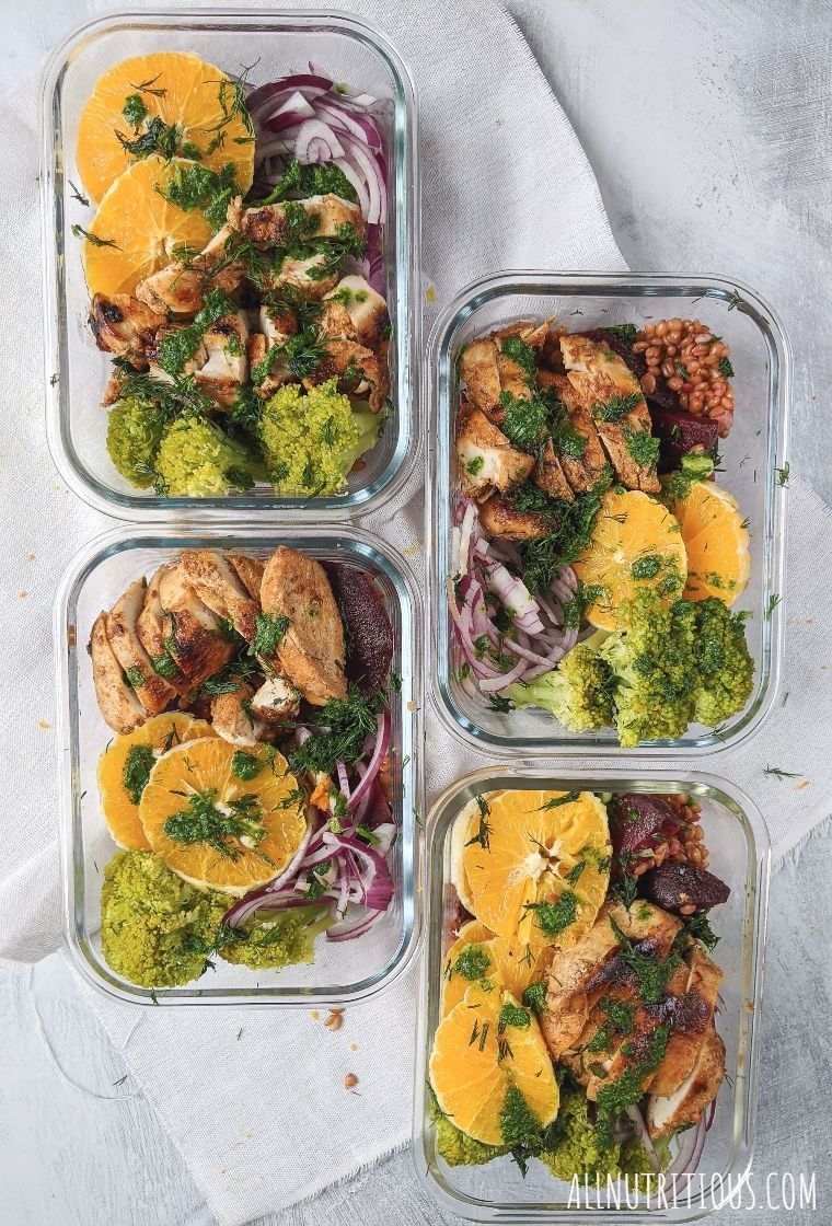 chicken with broccoli, beets and farro salad