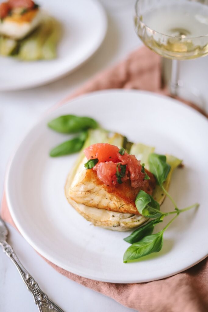Pan-Seared Halibut with Roasted Fennel and Grapefruit Salsa