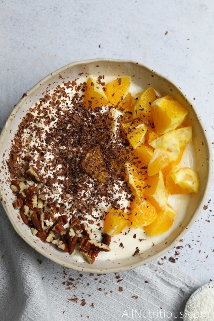 orange and dark chocolate yogurt bowl