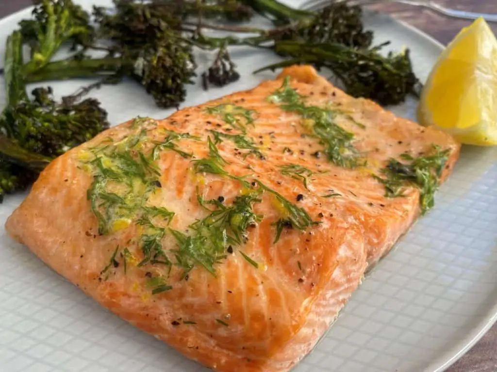  Sheet Pan Salmon and Broccoli with Lemon Dill Butter