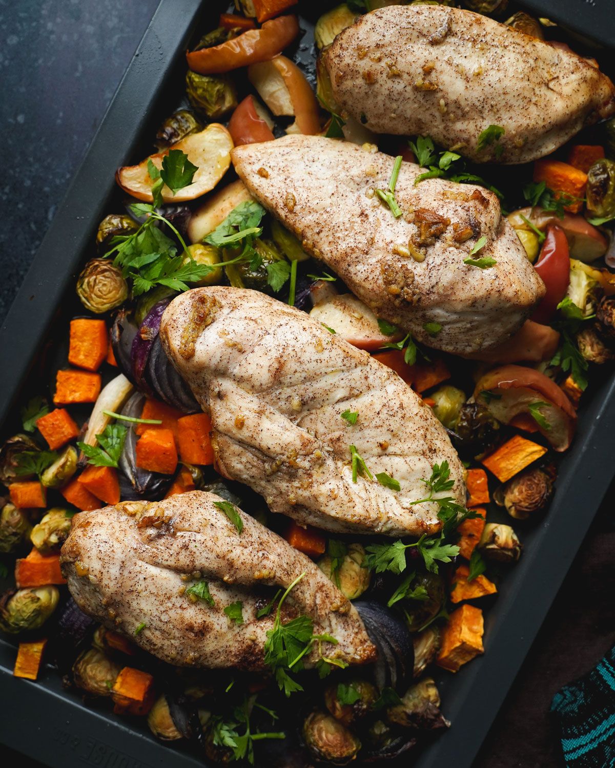 Sheet Pan Chicken with Sweet Potatoes, Apples, and Brussels Sprouts
