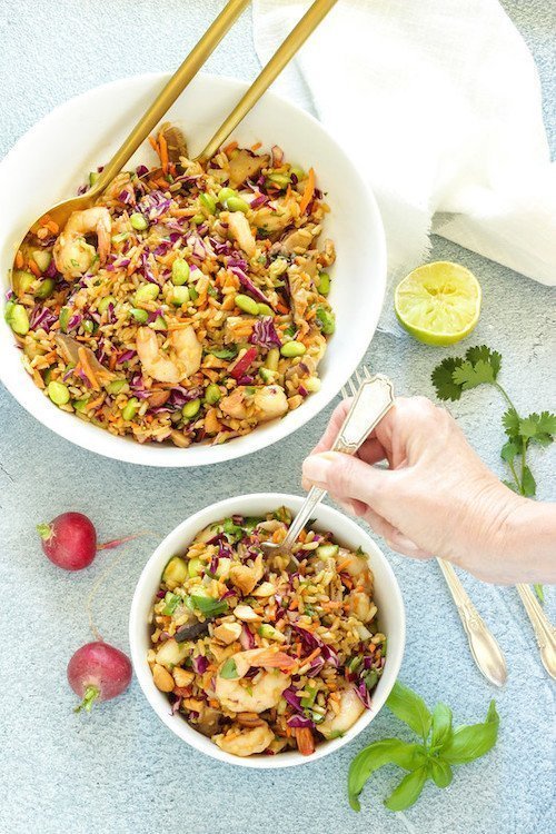 Rainbow Asian Rice Salad with Shrimp