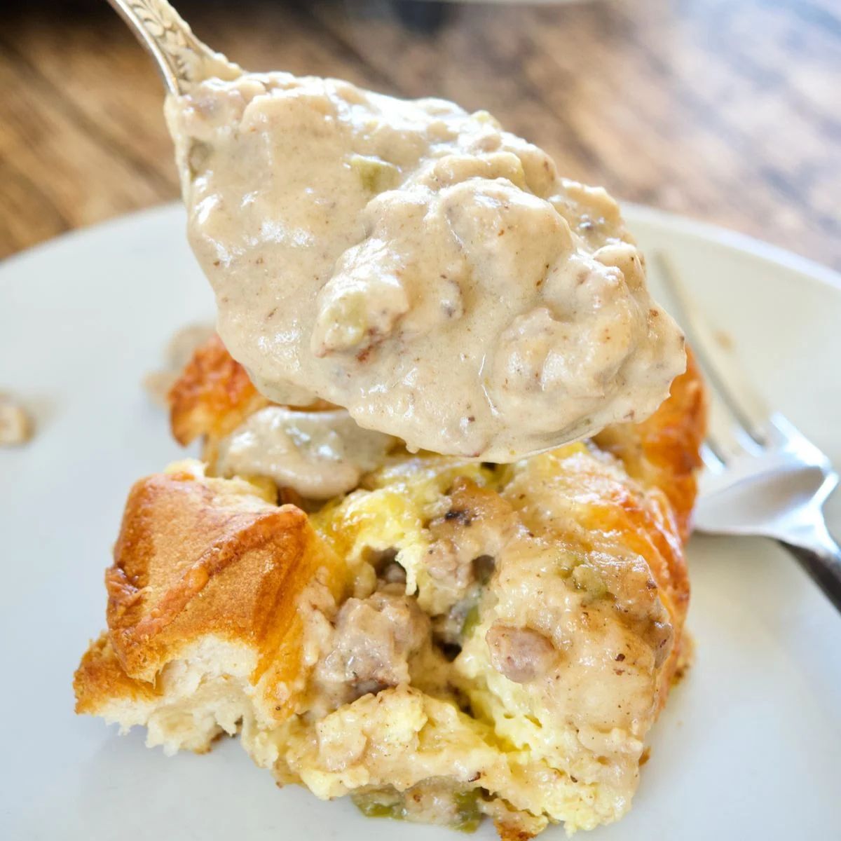 5. Breakfast Casserole with Biscuits, Eggs, and Sausage Gravy